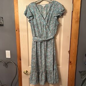 LC Lauren Conrad Green and White Ruffled Wrap Midi Dress